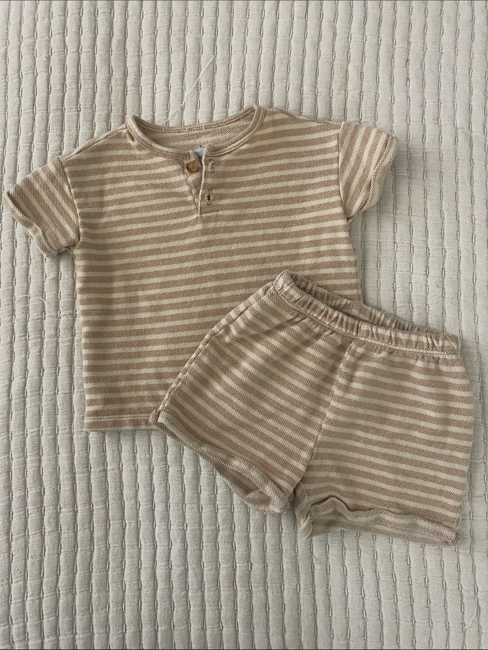 cloud island Beige & Cream Striped Kids Pajama Set - Short Sleeve Top & Shorts